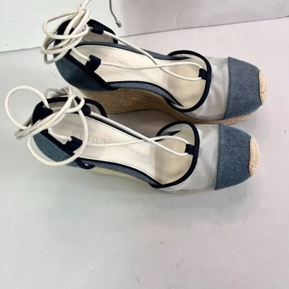 Gianni Bini Sandals Platform Wedges Women 7 Blue Denim Mesh Espadrille Gladiator - Picture 12 of 13